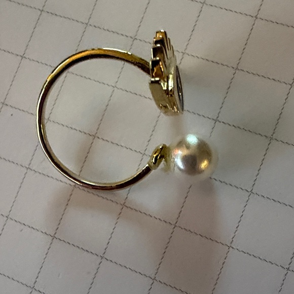 Gold Evil Eye Open Ring with Blue Enamel and Pearl Accent - Picture 3 of 3